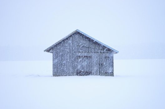 Trehytte i snostorm