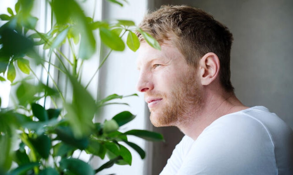 Mann i hvit t-skjorte titter ut av vindu med plante i forgrunnen.