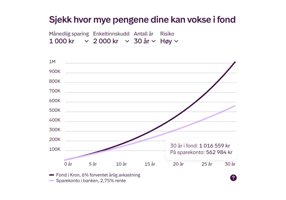 Sparekalkulatoren viser hvor mye en spareavtale på 1000 kroner kan vokse til etter 30 år.