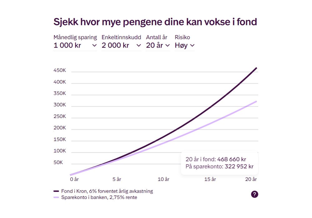 Sparekalkulatoren viser hvor mye en spareavtale på 1000 kroner kan vokse til etter 20 år.